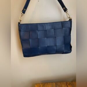Anna Paola Navy Basket Weave Leather Shoulder Purse Handbag Made In Italy Blue